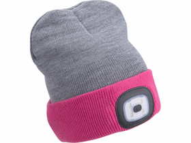 Extol čepice, šedá/růžová, pletená, s odnímatelnou LED čelovkou, 4×45 Lumen; USB dobíjecí Li-ion, 3 funkce