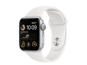 Apple Watch SE2 GPS, 40 mm, silbernes Aluminiumgehäuse, mit weißem Sportarmband