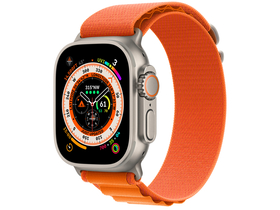 Apple Watch Ultra Cellular, 49 mm, Titangehäuse, orangefarbenes Alpine-Armband, M