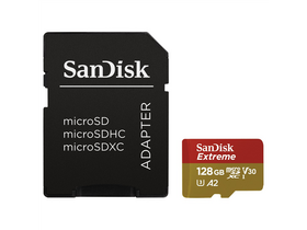 SanDisk Extreme 128GB microSDXC memóriakártya + adapter, Class 10, UHS-I, U3, V30, A2 (183506)