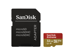 SanDisk Extreme 32GB microSD memóriakártya + adapter, Class 10, UHS-I, V30, A1 (173420)