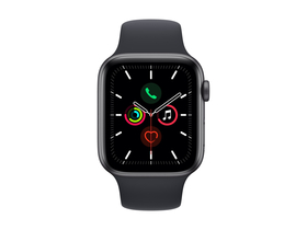 Apple Watch SE (v2) GPS, 44 мм, тъмно сив, с  черна спортна каишка