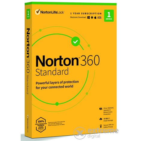 Norton 360 Standard 10GB felhőalapú biztonsági mentés PC-n, 1 felhasználó, 1 eszköz, 12 hónap