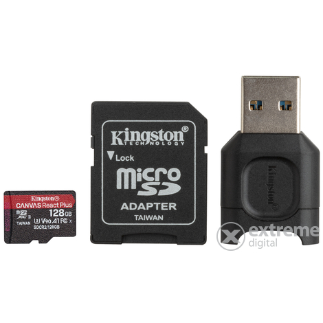 Kingston Canvas React Plus 128GB micro SDXC memóriakártya+ adapterrel,kártyaolvasóval Class 10,UHS-II, U3,(MLPMR2/128GB)