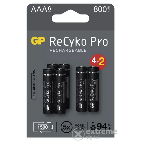 GP ReCyko Pro NiMH tölthető akkumulátor, HR03 (AAA) 800mAh, 6db (B2218V)