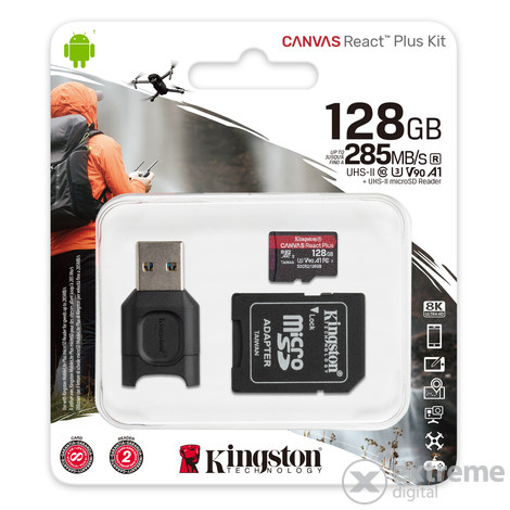 Kingston Canvas React Plus 128GB micro SDXC memorijska kartica + adapter, čitač kartical Class 10, UHS-II, U3, (MLPMR2/12