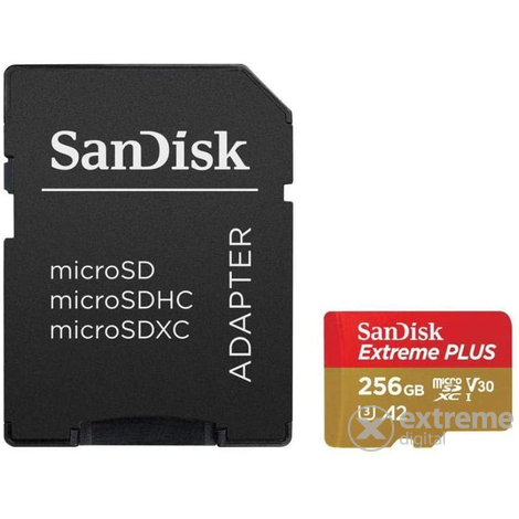 SanDisk Extreme 256GB microSDXC  memóriakártya + adapter, Class 10, UHS-I, U3, V30, A2 (183507)