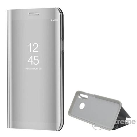 Gigapack álló bőr tok Mirror View Cover oldalra nyíló flip tok Huawei P30 Lite (Nova 4e) készülékhez, ezüst