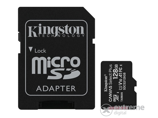 Kingston Canvas Select Plus 128GB microSDXC memóriakártya, + SD adapter, Class 10