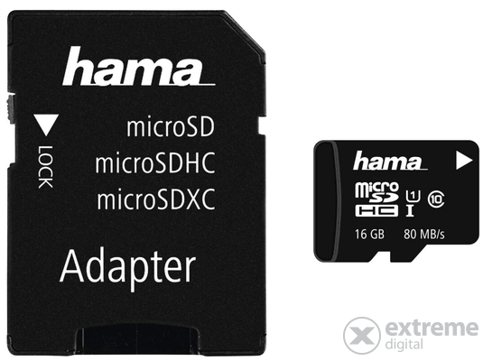 Hama microSDHC memóriakártya, 16GB, UHS, Class 10 + adapter